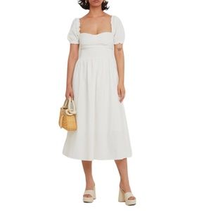 OPT White Flax Linen Blend Puff Sleeve Fit & Flare Midi Dress Wedding Pockets
